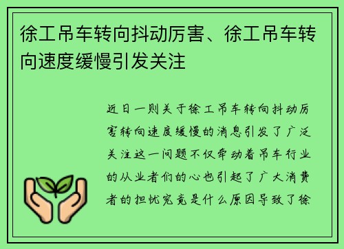 徐工吊车转向抖动厉害、徐工吊车转向速度缓慢引发关注